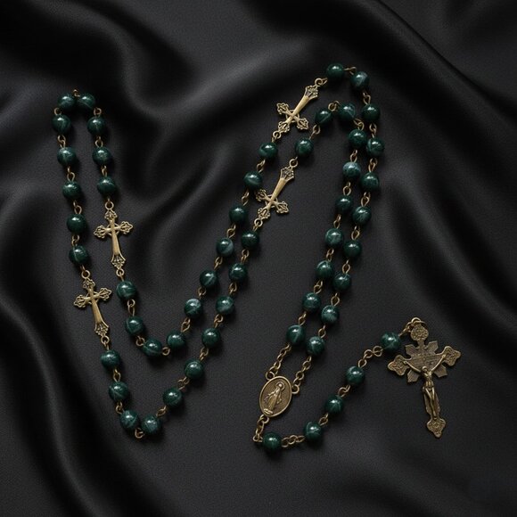 Dark Green Beaded Rosary Antique Brass Crosses Necklace NWOT - Picture 7 of 10